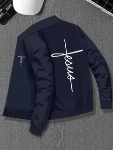 Men's Regular Fit Jesus Print Zip Up Jacket, Casual Stand Collar Long Sleeve Outerwear for Spring & Fall, Fashion Men's Clothes for Daily Wear, Coats