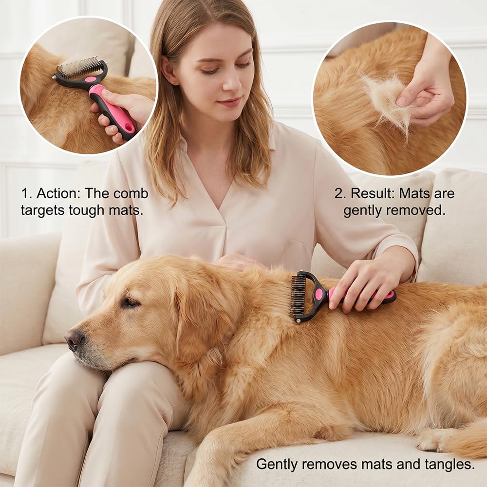 Pet Grooming Brush-Double Sided Hurtless Shedding and Dematting Undercoat Rake Comb for Dogs and Cats, No More Nasty Shedding or Flying Hair