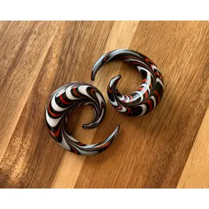 PAIR of Stunning Red, Black & White Swirl Glass Spiral Tapers - Gauges 4g (5mm) thru 5/8" (16mm)