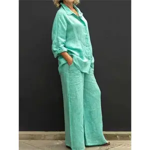 Solid color cotton linen shirt 2 piece set for women long sleeve blouse wide leg pants suits female casual outfits