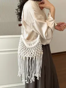 Boho Fringe Crossbody Bag, Wooden Bead Mesh Design, Summer Beach Vacation Style, Versatile Small Backpack, Korean Fashion
