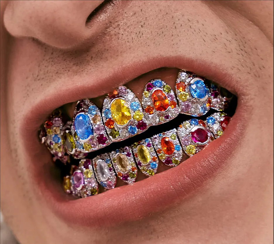 European & American Style Colorful Gemstone Teeth Caps for Men and Women, Hip-Hop Gold Teeth Grillz, Christmas Bestseller Zirconia Teeth Grills