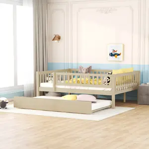Dreamzon Full Size Wood Frame Daybed with Trundle, Fence Guardrails, Natural Finish - Storage Bed, Pull Out Bed, 79.5''L x 57''W x 28.3''H, 88.2 lbs, 350 lbs Capacity, Assembly Required