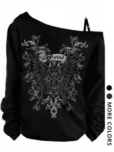 Women's Gothic Graphic Tee, Loose-Fitting Long Sleeve Top, Y2K Style Spring & Fall Casual Wear, Comfortable Breathable Design