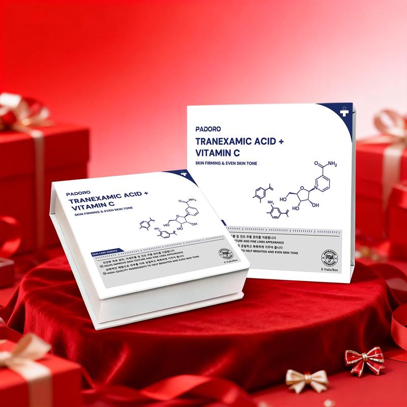 PADORO Gold Vitamin C Serum, containing Tranexamic acid, Evens out skin tone, Brightens and improves complexion, Fights aging, Suitable for all skin types, Nourishes, Repairs and soothes, Reduces wrinkles, and moisturizes. A perfect holiday gift.