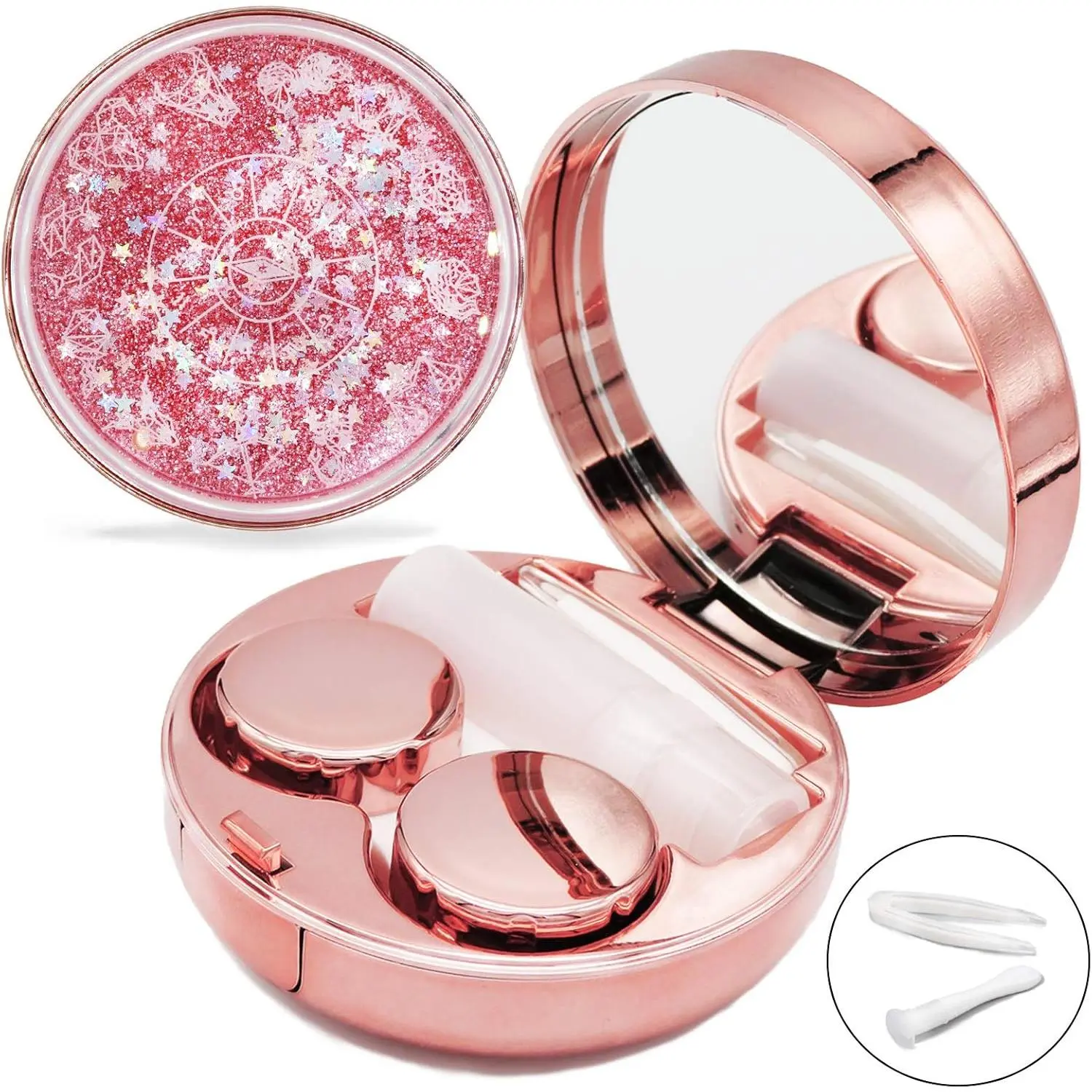 Contact Lens Case, Cute Travel Size Eye Colored Contacts Lenses Applicator Remover Tool Kit with Mirror Solution Bottle for Daily Outdoor (Rose Gold)