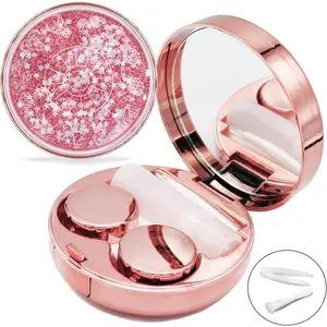 Contact Lens Case, Cute Travel Size Eye Colored Contacts Lenses Applicator Remover Tool Kit with Mirror Solution Bottle for Daily Outdoor (Rose Gold)
