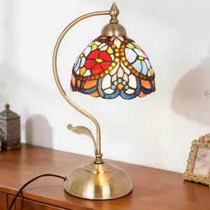 Tiffany Style Floral Stained Glass Table Lamp 7.5 Inch Vintage Accent Light With Bronze Iron Base Bulb Not Included