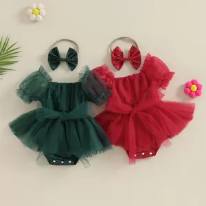 Baby Girl Christmas Outfit Bowknot Puff Sleeve Layered Tulle Tutu Bodysuit Onesie Headband Princess Romper Dress