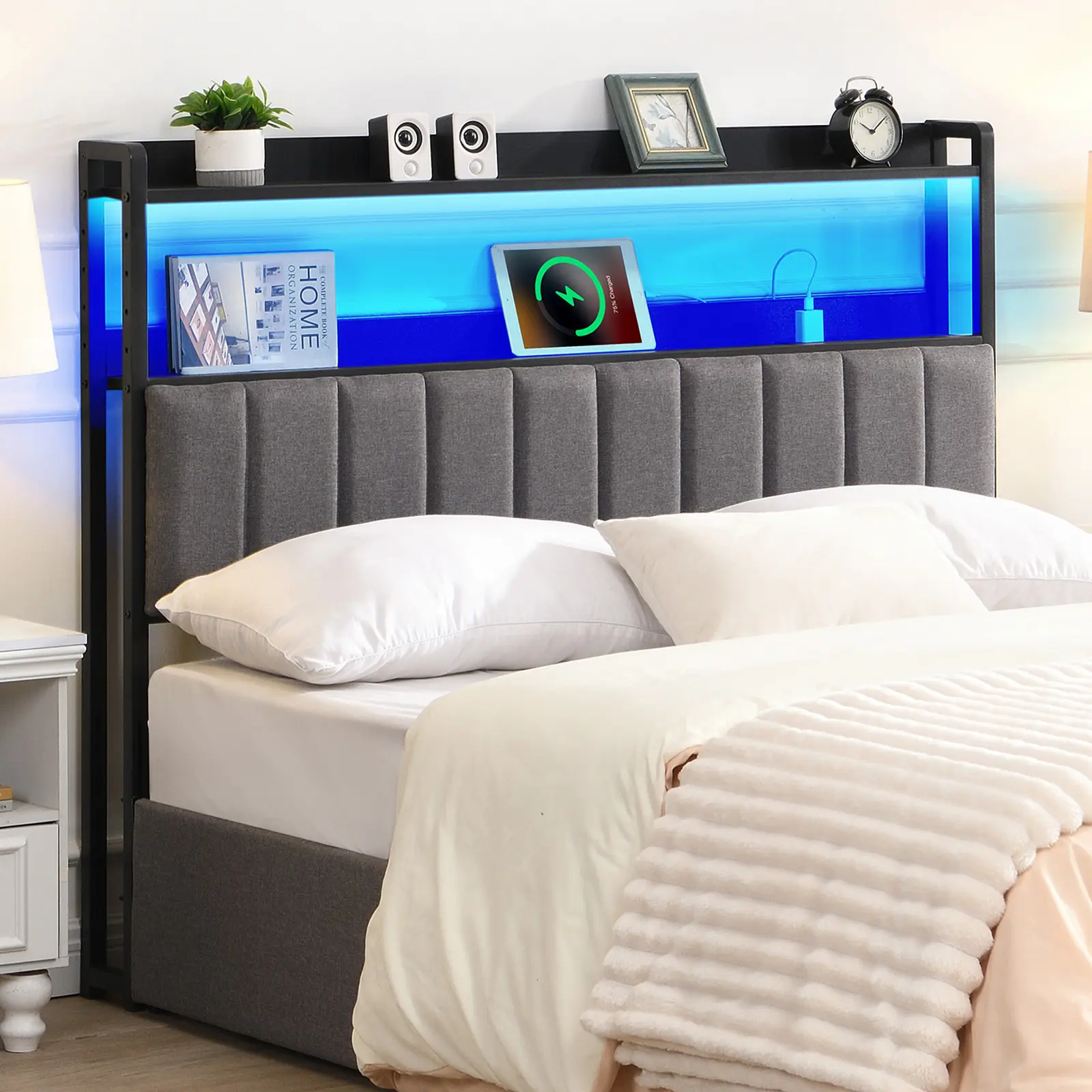 YunKiTech Rustic Sponge Upholstered Queen/King Size Headboard (Headboard Only) - Storage Bed Frame Accessory, Dual-Tier Shelf, Color Changing Remote RGB Ambiance, USB Ports, Height-Adjustable Sturdy Metal, Lights, Assembly Required, No Fire Safety Label