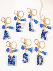 1pc/first letter key ring chain accessory Trendy Cute Keychain fashionable keychain creative blue heart-shaped letter fringed keychain jewelry pendant - ideal gift for Christmas party