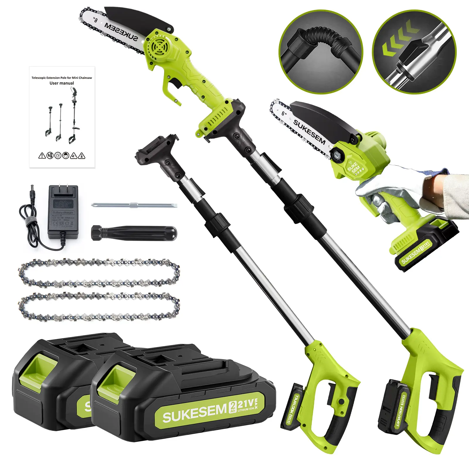 2-in-1 wireless 6-inch pole saw, electric pole saw for tree pruning, equipped with 1/2X2.0Ah battery, extended pole chain saw, branch cutter trimmer