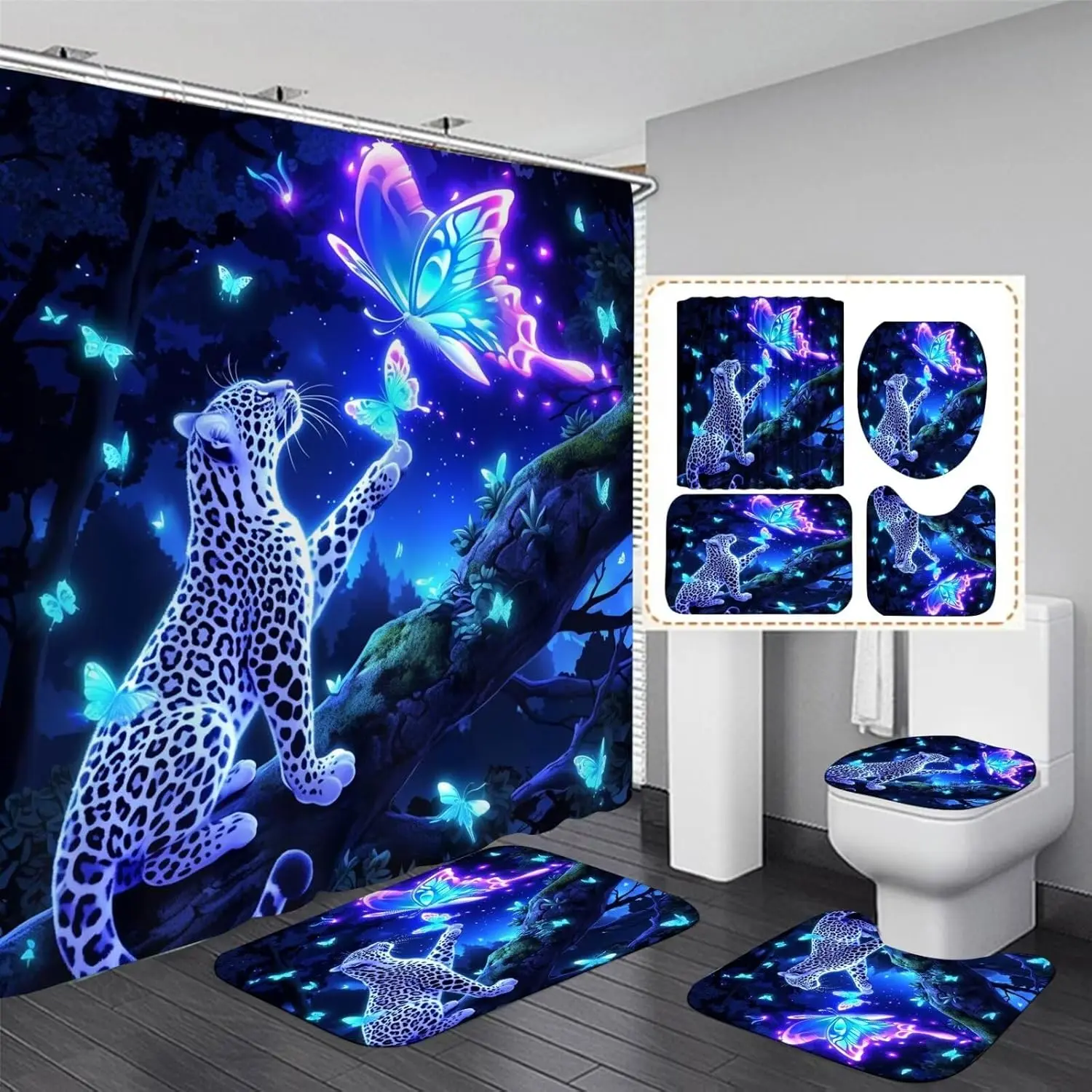 Bathroom Shower Curtain Sets, 4-Piece Aesthetic Leopard Print Butterfly Bathroom Decor Set with Shower Curtain and Rug, Aesthetic Shower Curtain
