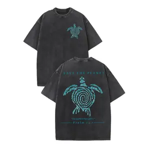 Save The Planet Turtle 230G Washed T-Shirt Retro Street Double-Sided Printed Pattern T-Shirt Men'S T-Shirt Old Summer Clothing Shoulder Sleeves Crew Neck Top Short Sleeves, Suitable for Gifts, Daily Wear