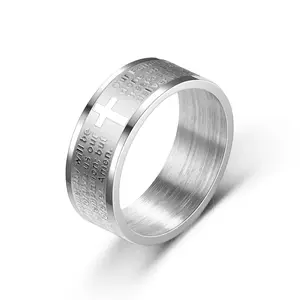 8Mm Titanium Stainless Steel English Letter Lord'S Prayer Ring Men'S Bible Cross Rings for Women Men Jesus Christian Jewelry N7M7