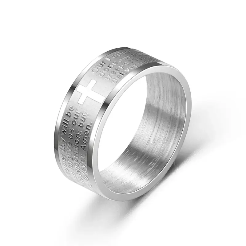 8Mm Titanium Stainless Steel English Letter Lord'S Prayer Ring Men'S Bible Cross Rings for Women Men Jesus Christian Jewelry N7M7