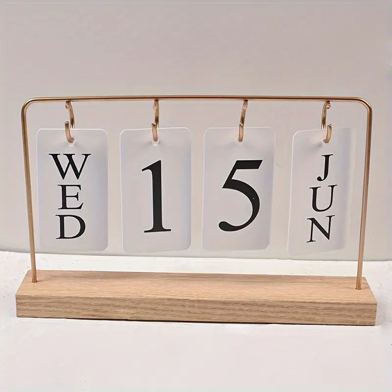 1pc Stylish Metal Frame Wooden Base Perpetual Calendar, Desktop Decoration Calendar with Reusable DIY English Weekdays and Months Page Cards, Simple Desk Calendar Decor Ornament