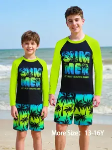 New boys' two-piece swimsuit, beach vacation sun protection swimwear set Palm Trees Gradient Colors Summer Vibes long sleeves and shorts sunscreen waterproof Swimsuit Sets