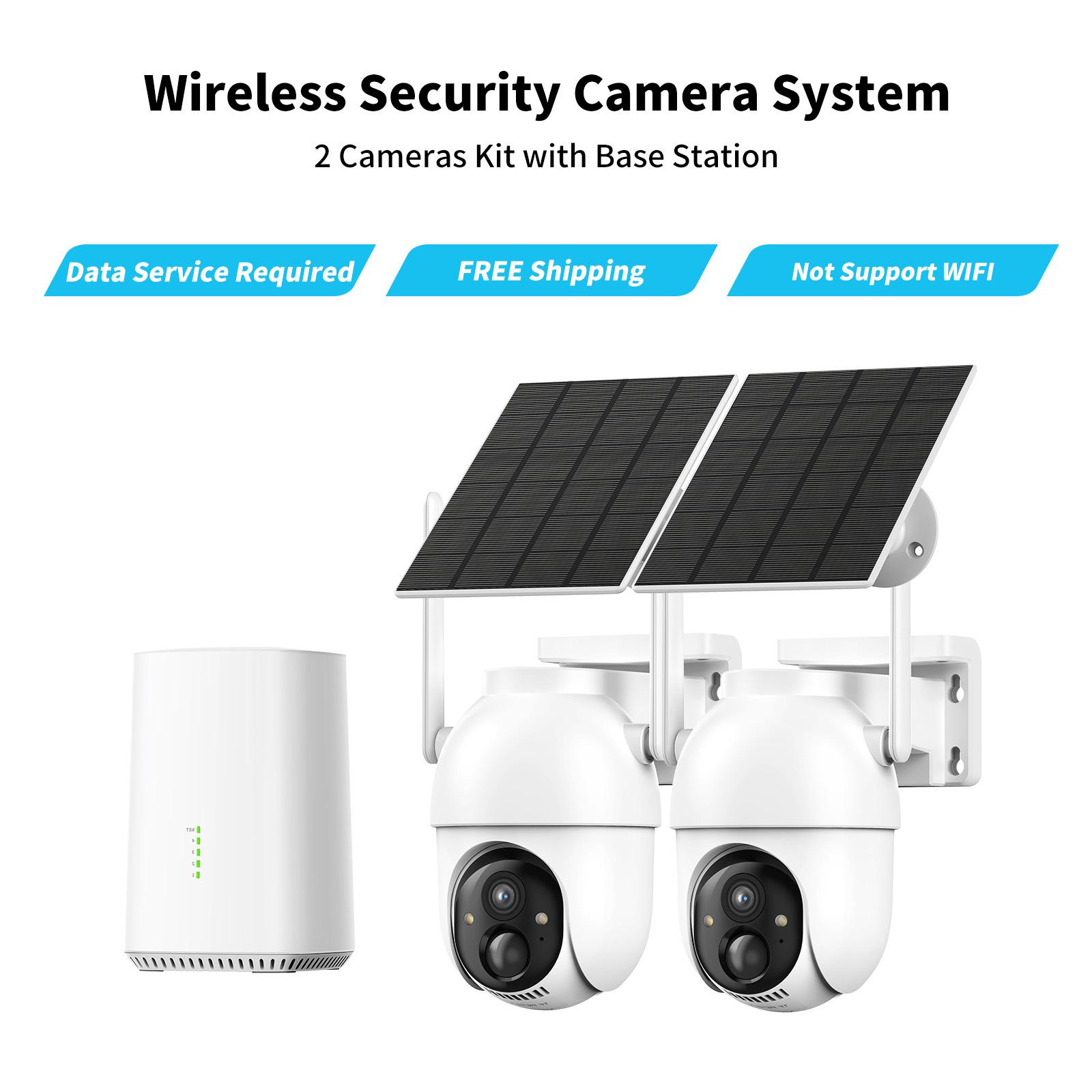 Wireless Solar Powered Security Camera System with Base Station, No Monthly Fee, 2 Cameras Kit, 2K Full Color Night Vision, Solar Powered, WiFi Home Security Camera, No Monthly Fee, IP65 Waterproof, PIR Human Detection, Two-Way Audio, Works with Alexa
