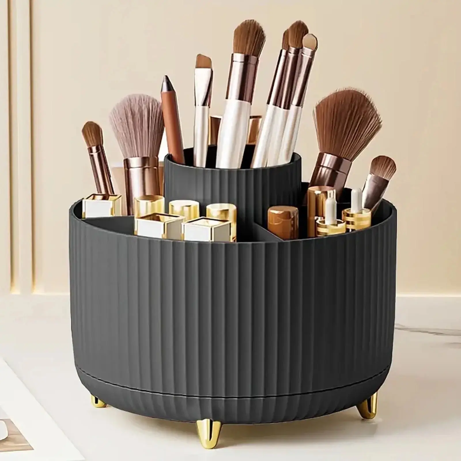 summerwins ABS Plastic Cosmetic Organiser - 360° Swivel, Vertical Stripe Design, Smooth Surface, Compact Multi-Use, 5-Slot Vertical Makeup Brush Holder for Vanity Countertop, Bathroom Storage (Black), Compact Multi-Use Cosmetic Organisers, 360 Swivel Cosm