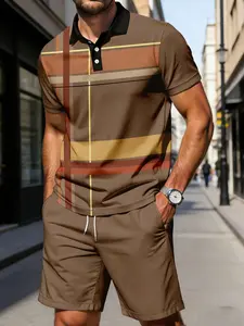 Men's Summer Striped Polo Shirt Shorts Set, Casual Sports Two-Piece, Outdoor Fashion, Slim-Fitting Graphic Tee