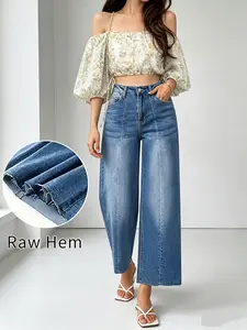 American straight leg wide leg jeans fashionable casualankde cut pants pants loose denim 2026 spring summer Raw Edge Cropped Jeans