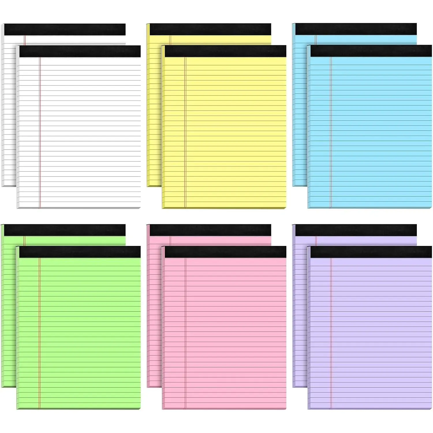 12 Wide Ruled Legal Pads (12 Pack) - Colorful Paper Material, 8.5x11 in, Assorted (4 Colors + White), 30 Sheets/Notepad, 20lb Perforated Paper, Sturdy Cardboard Backing, Minimal Ghosting, for Student Stationary & Office Use