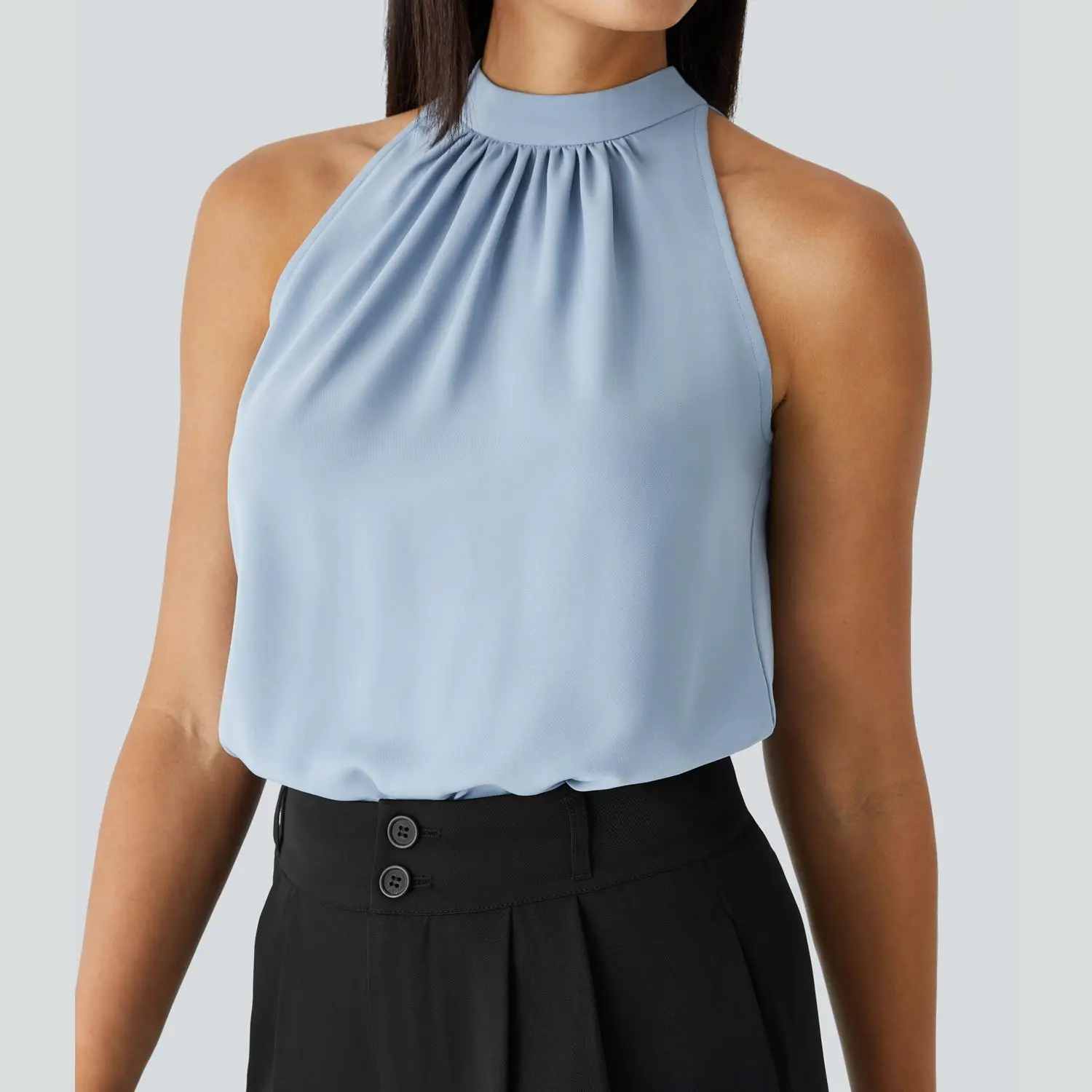 Halara Keyhole Back Halter Plicated Sleeveless Curved Hem Work Blouse