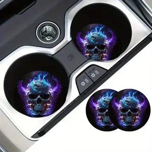 2Pcs EVA Car Cup Coasters with Blue-Purple Fire Skull Design, Non-Slip Shockproof Universal Vehicle Cup Holder Inserts, Fashionable Auto Interior Accessories