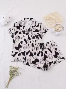 2-Piece Women's Cow Print Casual Comfy Pajama Set, Short Sleeve Top with Pocket and Soft Elastic Waist Shorts, Comfortable Home Sleepwear for All Seasons Sleepwear Homewear Clothes
