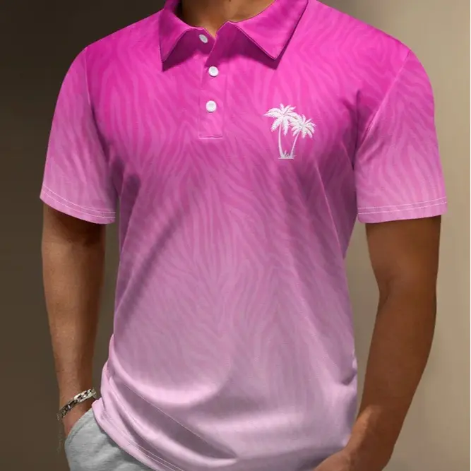 Hardaddy Gradient Coconut Palm Tree Regular Fit Button Short Sleeve Vacation Pink Golf Polo Shirt