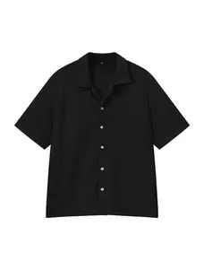 One piece polyester short-sleeve cardigan shirt for men, spring/summer, Cuban collar, textured casual top oxford