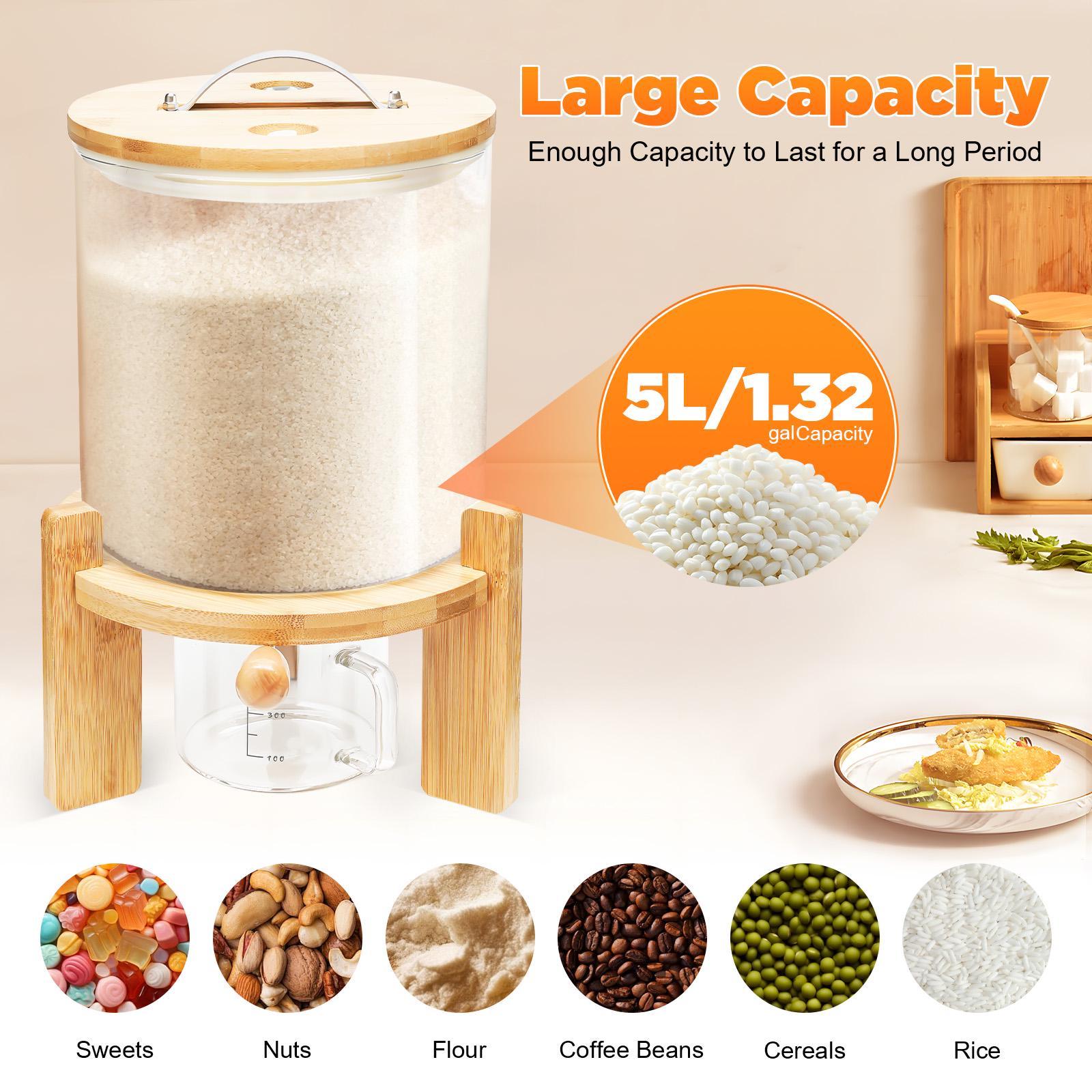 5L Cereal Dispenser Flour Rice Storage Container Glass Tank W/ Lid Measuring Mug For Pantry Organization And Storage