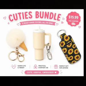 Cuties Trio Keychain Bundle – Mini Tumbler, Sunflower Holder & Ice Cream Pom Charm
