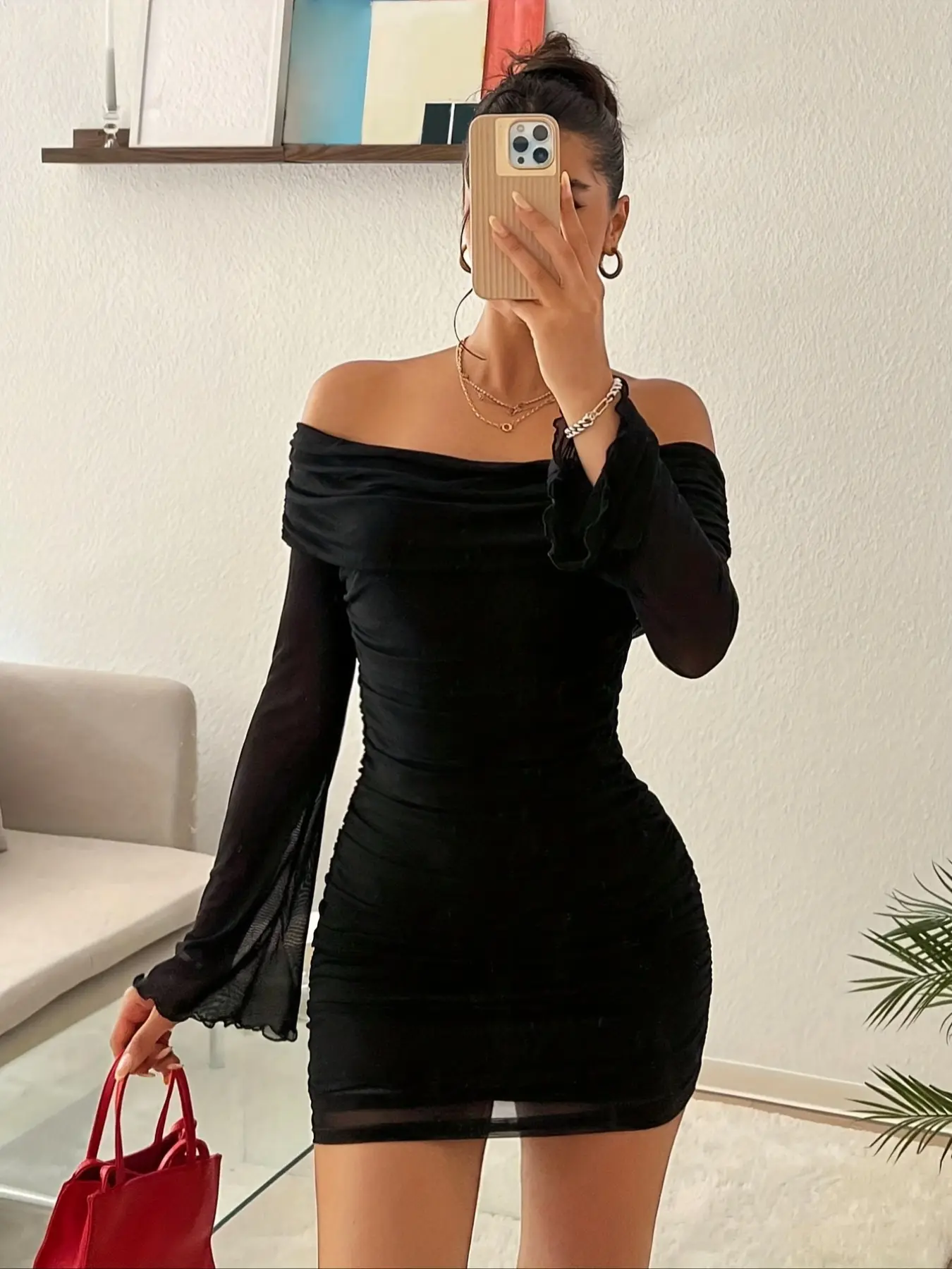 Black Off Shoulder Ruched Mesh Long Sleeve Bodycon Mini Dress | Bridesmaid & Formal Party Gown
