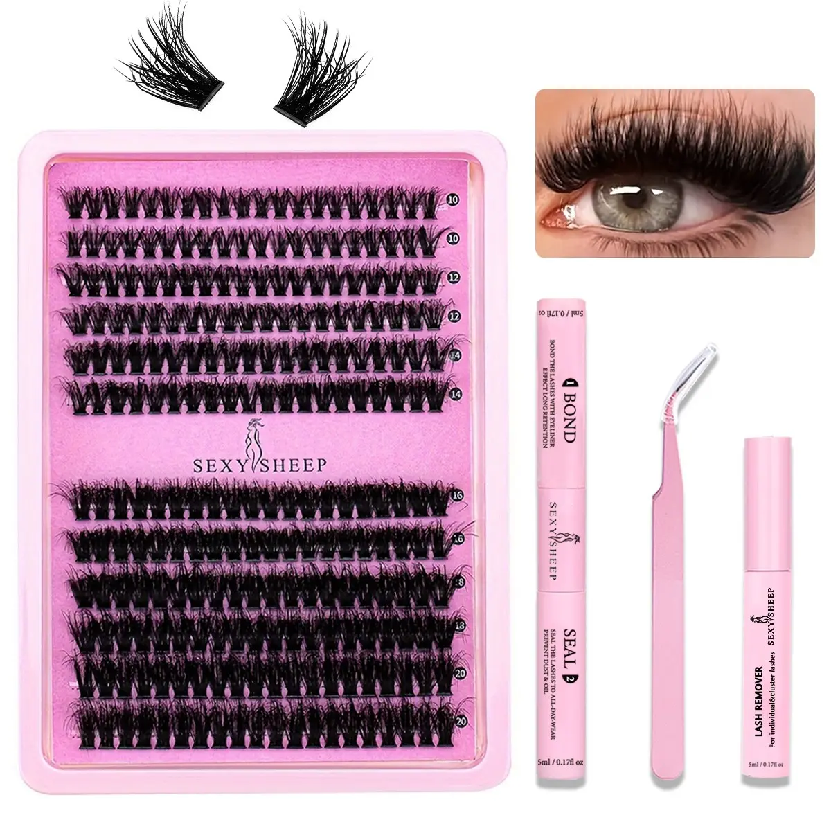 240pcs DIY Eyelash Set, DIY Personal Lashes, Natural Makeup Extension Kit, Cosmetic False Lashes, Soft False Lashes, Long-Lasting 48h, Waterproof, Includes Bond&Seal, Remover, Tweezers, DIY at home, Curl Lashes, Eyelash Extension Glue