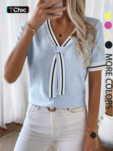 Women's Colorblock Striped Shortsleeve Vneck Knit Top, Casual Elegant Classy Fashion Chic Fitted Short Sleeve Top for Summer, Ladies Clothes for Daily Wear, Womenswear, Knitwear, Breathable Top, Casual Breathable Elegance
