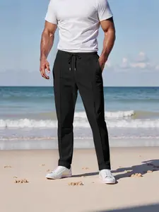 Breathable Comfort Men's Casual Spring Summer Solid Color Waffle Texture Pants, Drawstring Straight Leg Long Pants, Trendy Streetwear Style, Menswear, Trouser, Casual Comfy Trouser