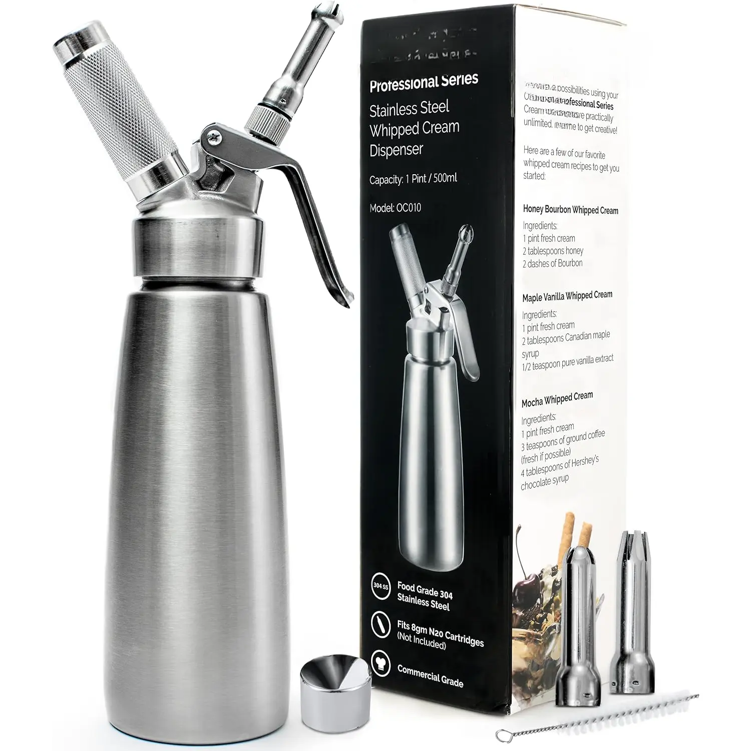 500ml 304 Stainless Steel Whipped Cream Dispenser - Commercial Grade Sturdy Kitchen Bakeware Tool, 3 Decorating Nozzles, Easy to Use & Clean for Chefs, Ideal for Desserts, Coffee, Pastry, Housewarming