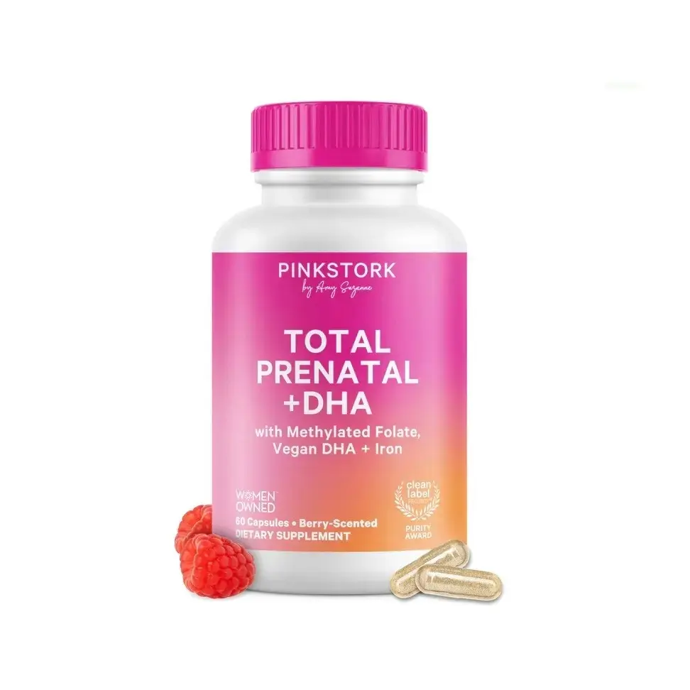 Pink Stork Total Prenatal Vitamins with DHA, Iron, Methylated Folate | Mint or Berry Scent | Clean Label Purity | Pregnancy Support Essentials | Gluten-Free, Non-GMO | B6, B12, Choline, Vitamin D ( 60 caps )