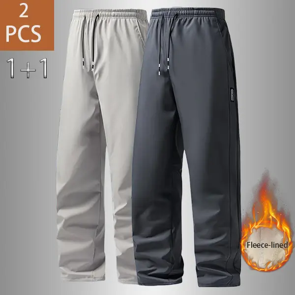 2PCS Fleece Casual Pants For Men Solid Color Drawstring Autumn Winter Thick Comfortable Long Trousers Beige