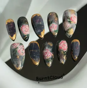 Monet Oil Painting Style Retro Black Gold Press on Nails | Custom Hand-painted Nails | Short Nails | Fake Nails | Stick on Nails Satamiis