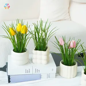 Artificial Tulip Potted Plant - Realistic Faux Flowers with Grass Base, Perfect for Spring Home Decor, Table Centerpieces, Office Decoration, Ideal for Easter, Mother's Day & Wedding Decor