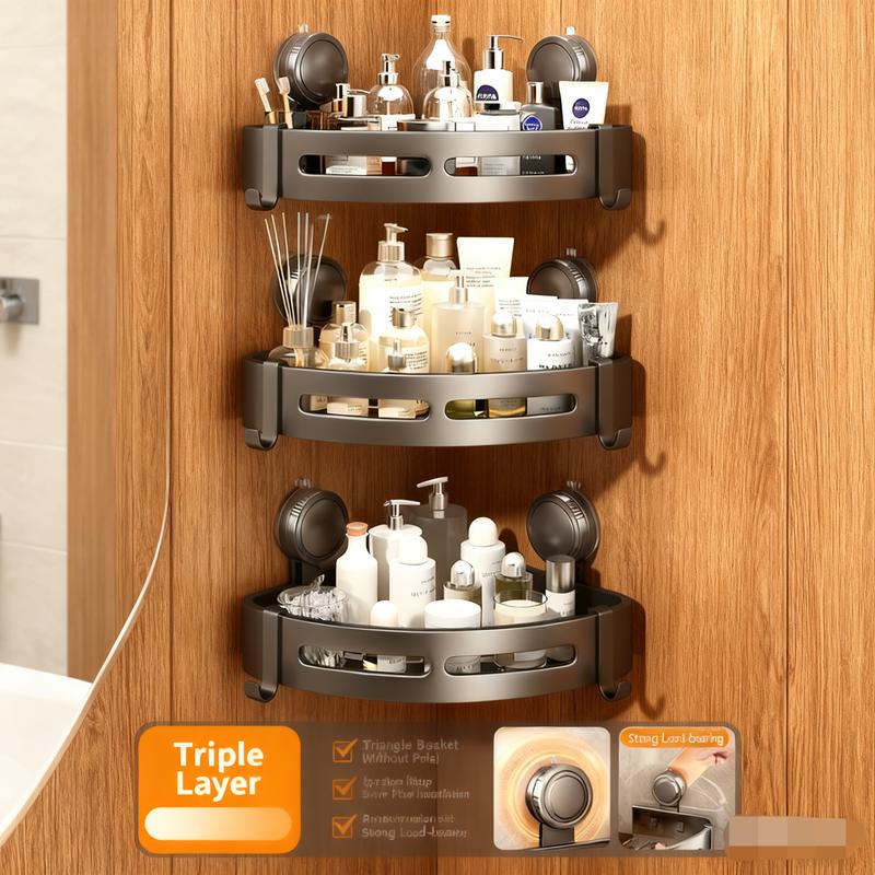 2026 upgraded new model-3-Pack Gun Gray Plastic Triangle Suction Cup ShowerCaddy 3-Tier Corner Shelves NoDrilling Bathroom Storage Rack 40lbs LoadCapacity with 6 Towel Bar Hooks(home essentials,bathroom accessories)