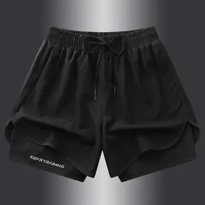 Men’s athletic shorts with a faux two-piece design—lightweight, stylish, quick-drying, moisture-wicking, suitable for outdoor activities—breathable and comfortable.