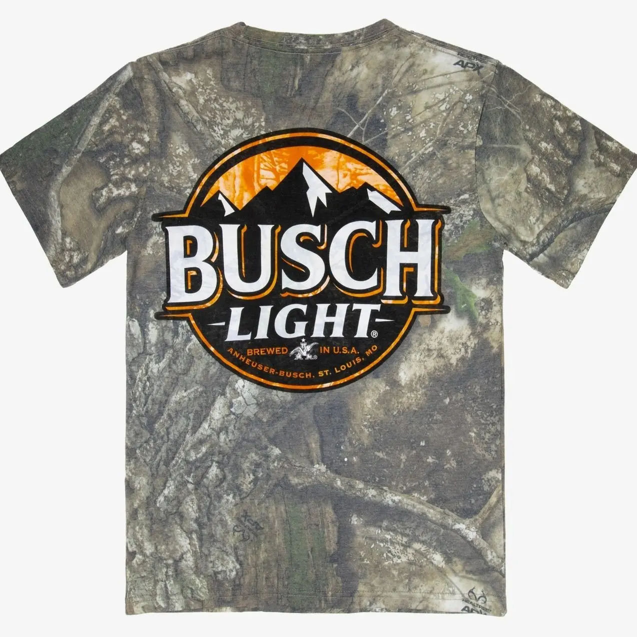 Busch Light Camo Blaze Washed Camo T-Shirt, Outdoor Lifestyle Graphic T Shirt, Timber Camouflage Tee, Realtree Style Camo Clothing, Front Back Print T Shirt, Unisex Casual Graphic Tee, Woodland Camo Shirt, Gift for Him