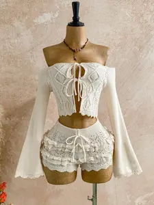 Women's Fashion Womenswear Sexy Chic Elegant off Shoulder Tie Sweater Set, Spring Summer Top and Short Pants Set, Casual Vacation for Dates and Evening Events, Clothes