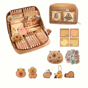 33-Piece Capybara Stationery Set, Cute Capybara Pencil Case, Multi-Layer School Pencil Box with Stickers, Keychain, Brooch Gift Combo (no Pens) School Supplies