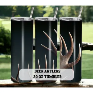 Deer Antlers 20 oz Skinny Tumbler with Straw - Stainless Steel, Eco-Friendly, Reusable Metal Straw - Lid Drink Drinkware Water Bottles