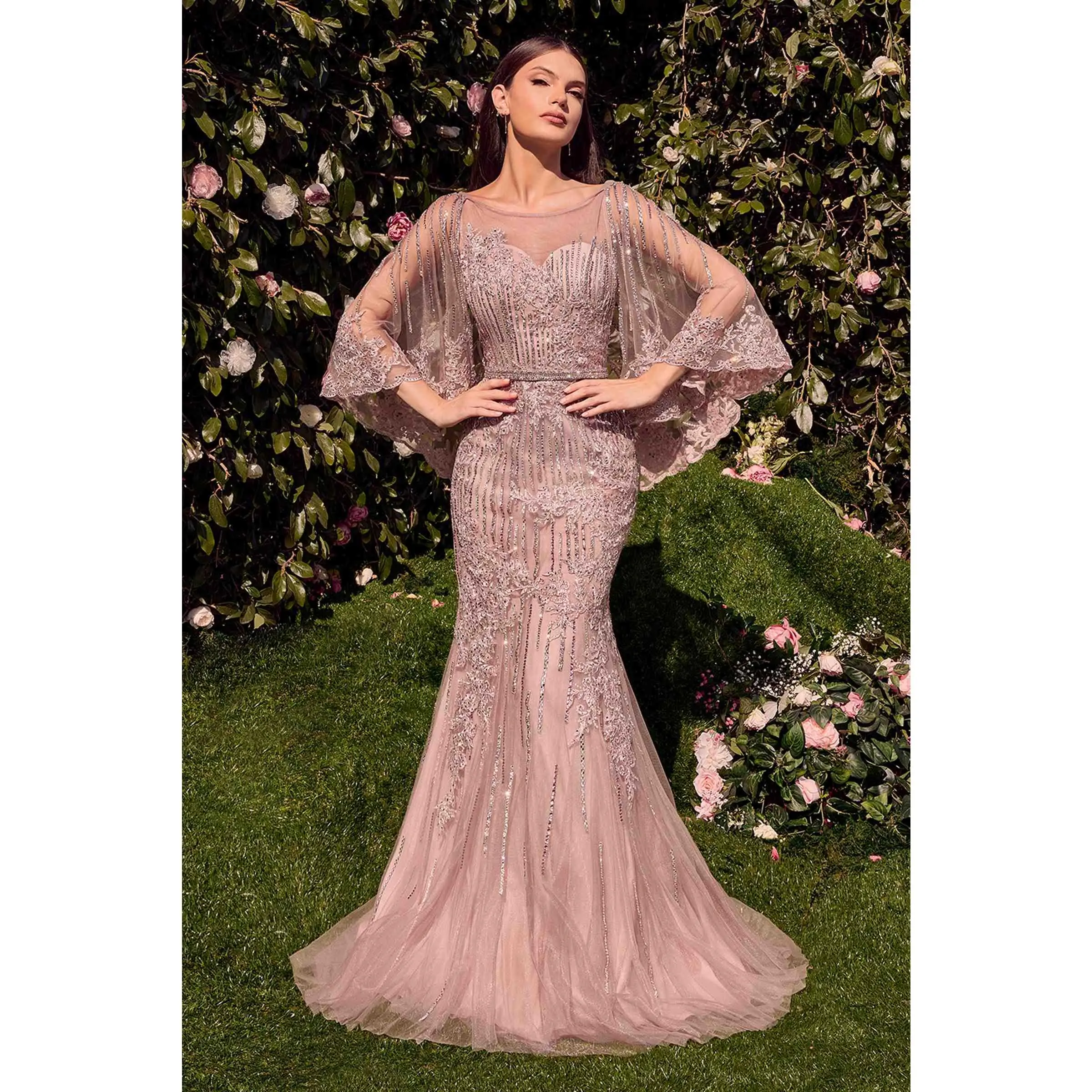Women's Elegant Fitted Cape Dress - Formal Wear, Sheer Lace, Premium Fabric, Sweetheart, Fit & Flare, Layered Tulle (Sizes 4 to 20, Style MA105)